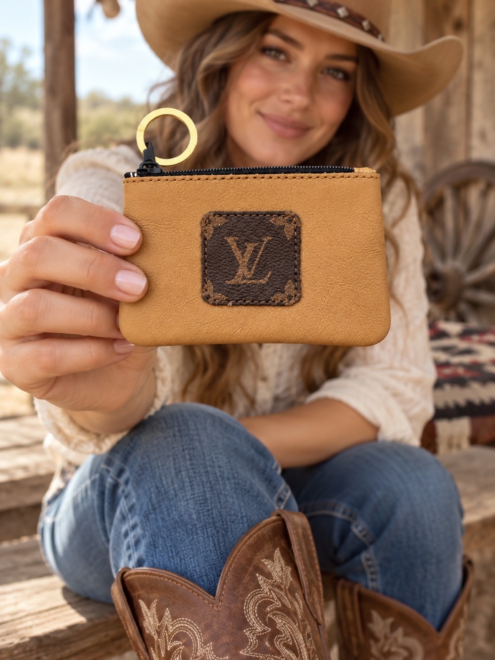 Tan Cowhide Coin Pouch with Zipper & Gold-Tone Keyring
